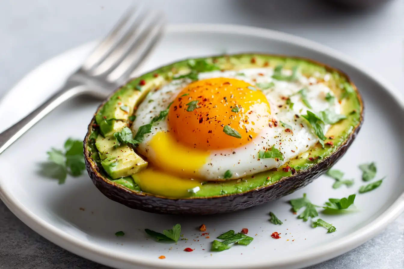 Gebackene Avocado mit Ei, lecker zubereitet in der Heißluftfritteuse.