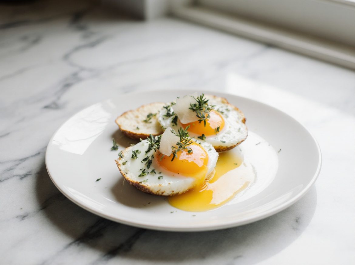 Gebackene Eier aus der Heißluftfritteuse, perfekt zubereitet für ein schnelles Frühstück.