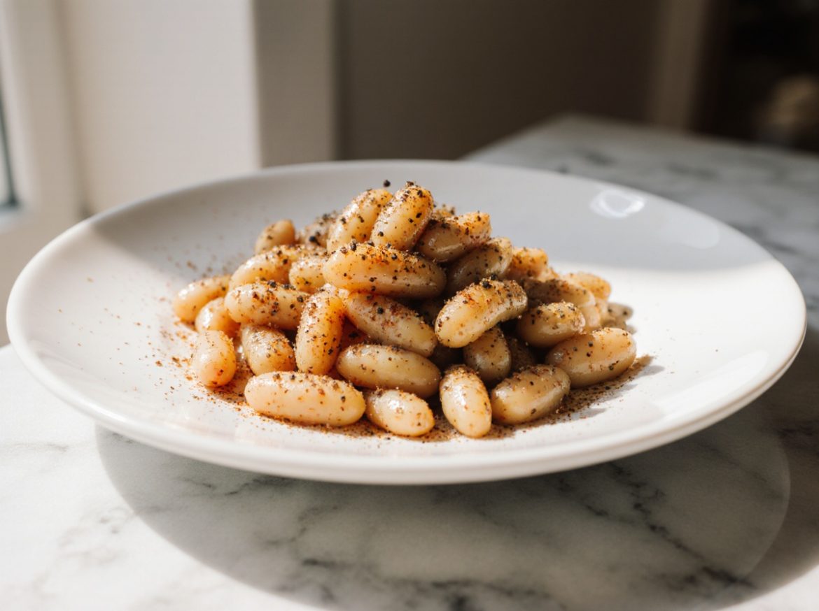 Gebackene weiße Bohnen aus der Heißluftfritteuse sind ein gesunder Snack.