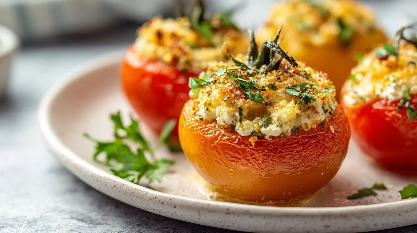 Gebackene Ziegenkäse-Tomaten im Heißluftfritteuse, perfekt für einen leckeren Snack.