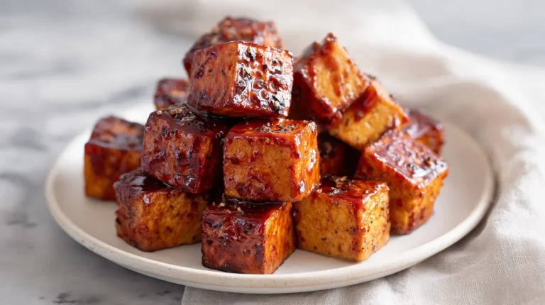 Gebackener Räuchertofu mit BBQ-Marinade, lecker und einfach zubereitet.