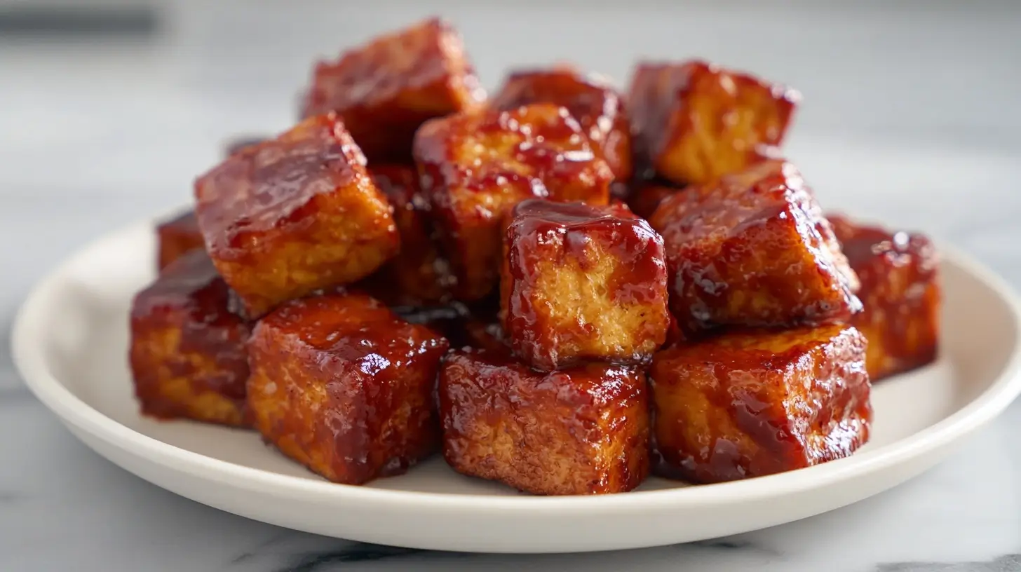 Gebackener Räuchertofu mit BBQ-Marinade, perfekt für den gesunden Genuss.