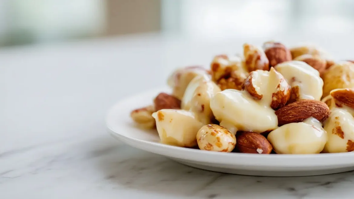 Gebrannte weiße Schokolade mit Nüssen, gebacken im Airfryer.