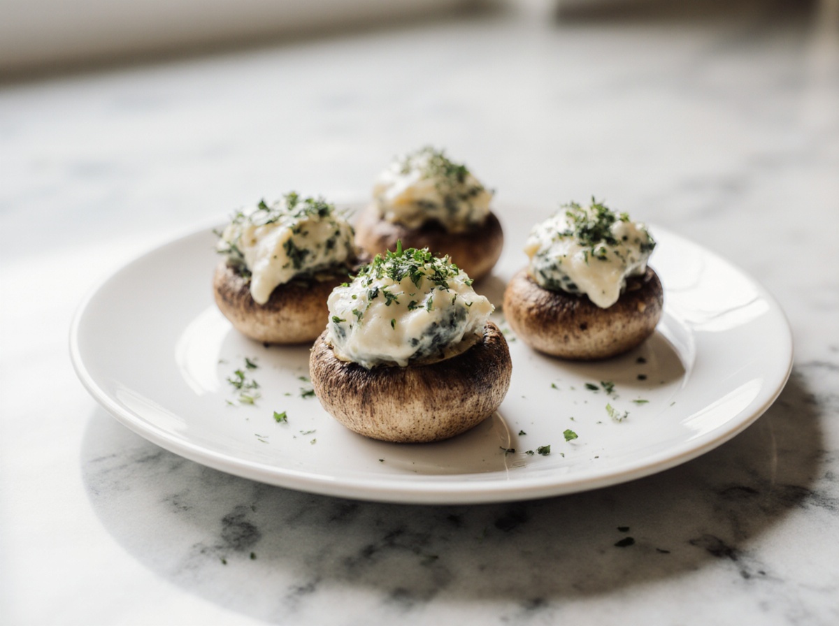 Leckere gefüllte Champignons aus der Heißluftfritteuse, perfekt für jede Party.