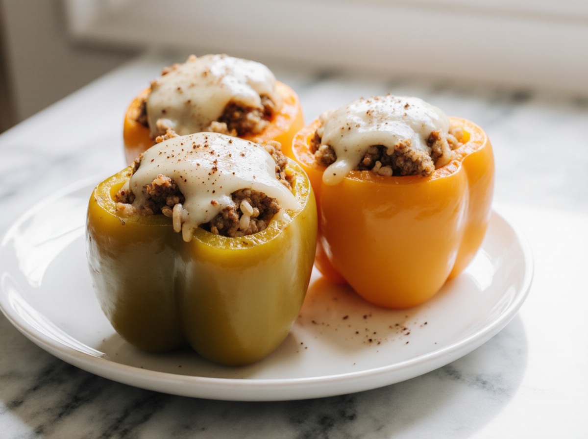 Gefüllte Paprika aus der Heißluftfritteuse, lecker und gesund zubereitet.