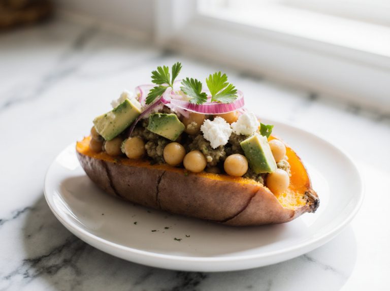 Leckere gefüllte Süßkartoffeln im Airfryer zubereitet.