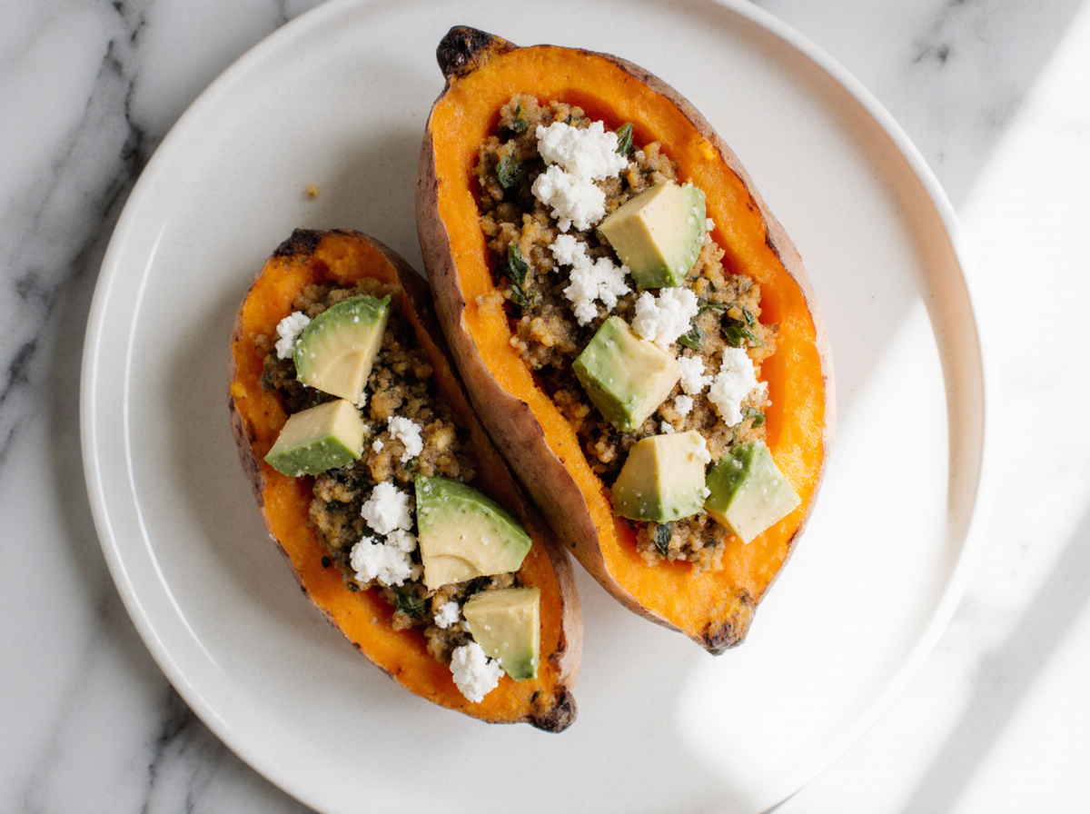 Leckere gefüllte Süßkartoffeln im Airfryer zubereitet.