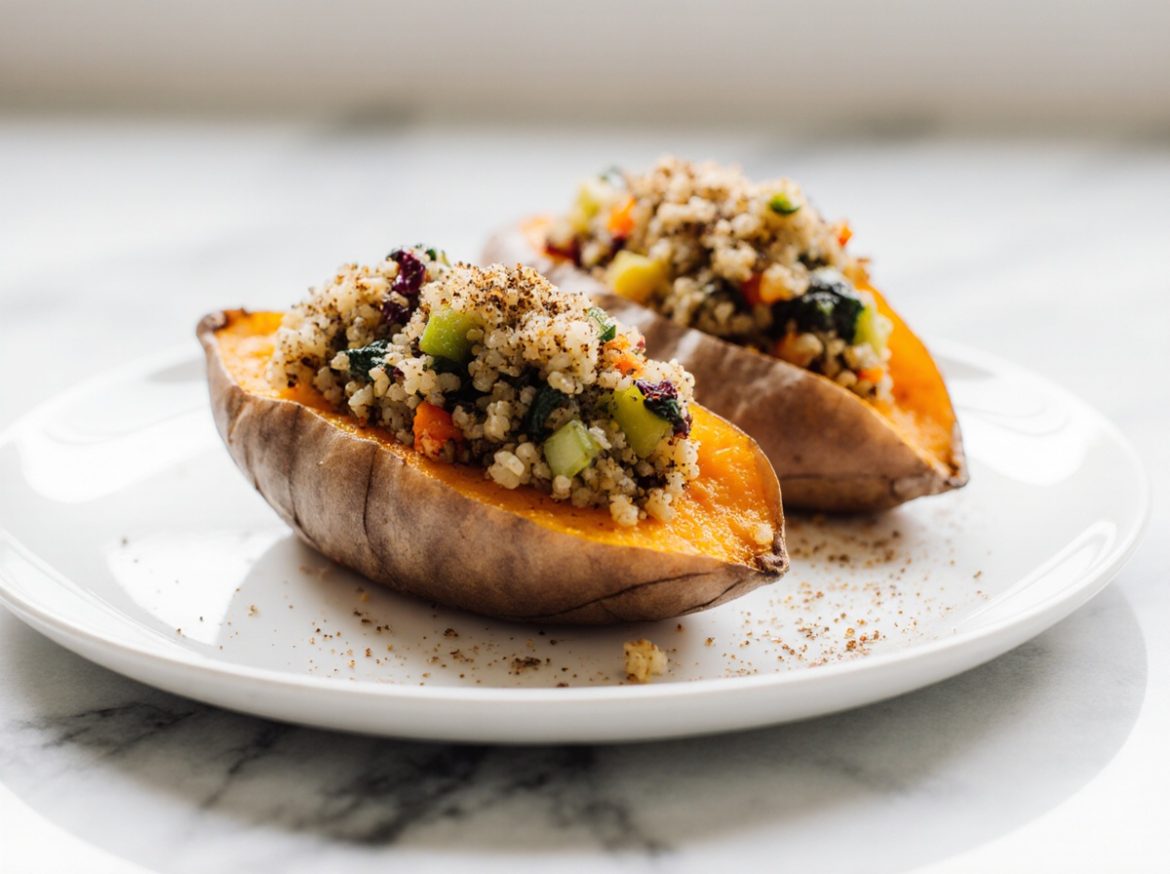 Leckere gefüllte Süßkartoffeln im Airfryer zubereitet.