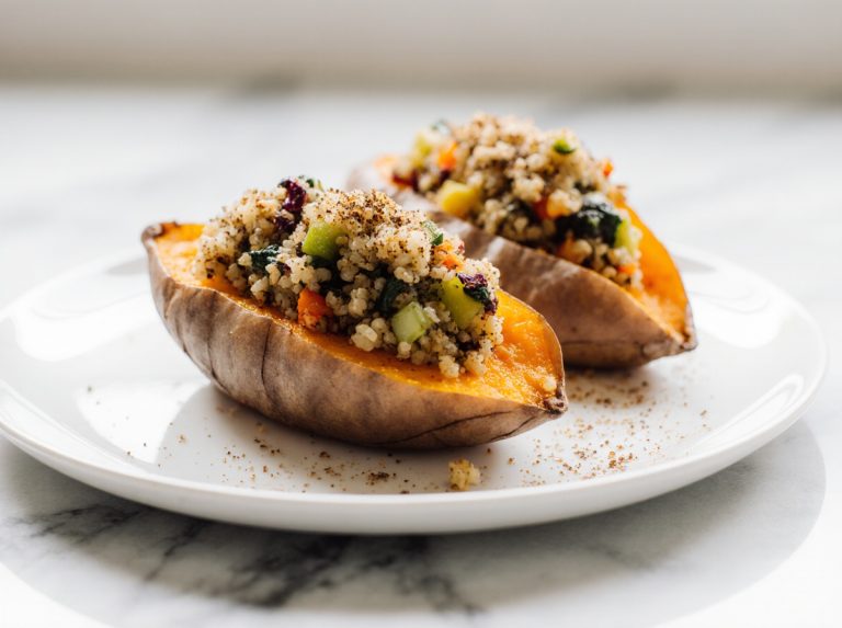 Leckere gefüllte Süßkartoffeln im Airfryer zubereitet.