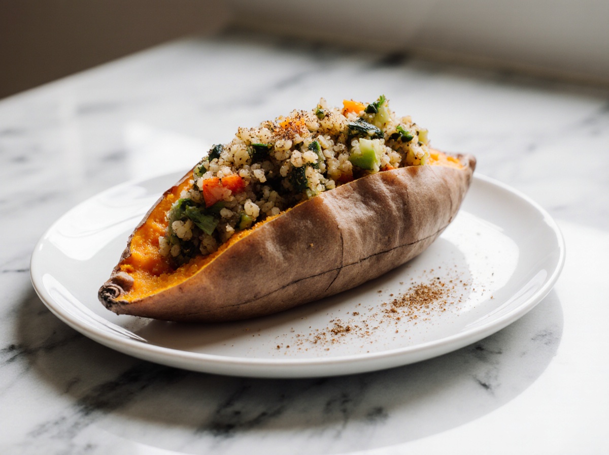 Gefüllte Süßkartoffeln in der Heißluftfritteuse auf einem Teller.