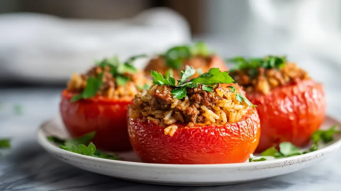 Leckere gefüllte Tomaten im Airfryer zubereitet.