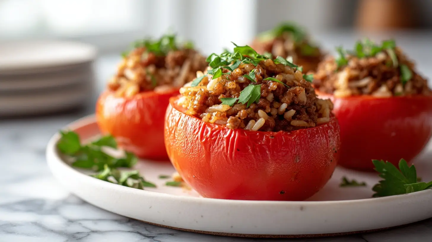 Leckere gefüllte Tomaten im Heißluftfrittierer zubereitet.