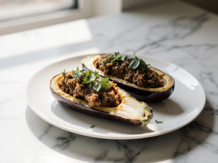 Leckere gefüllte Aubergine im Airfryer, ein schnelles und gesundes Gericht.