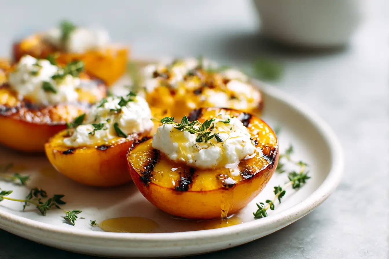 Gegrillte Pfirsichhälften mit Ziegenkäse sind eine leckere und einfache Nachspeise.