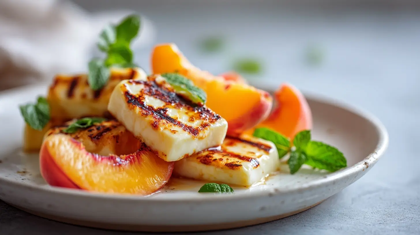 Gegrillter Halloumi mit Pfirsich aus der Heißluftfritteuse.