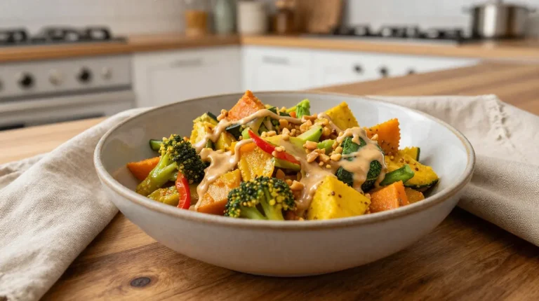 Gemüse-Curry mit Erdnusssoße im Airfryer Leckeres Gemüse-Curry mit cremiger Erdnusssoße, zubereitet im Airfryer für eine gesunde Mahlzeit.