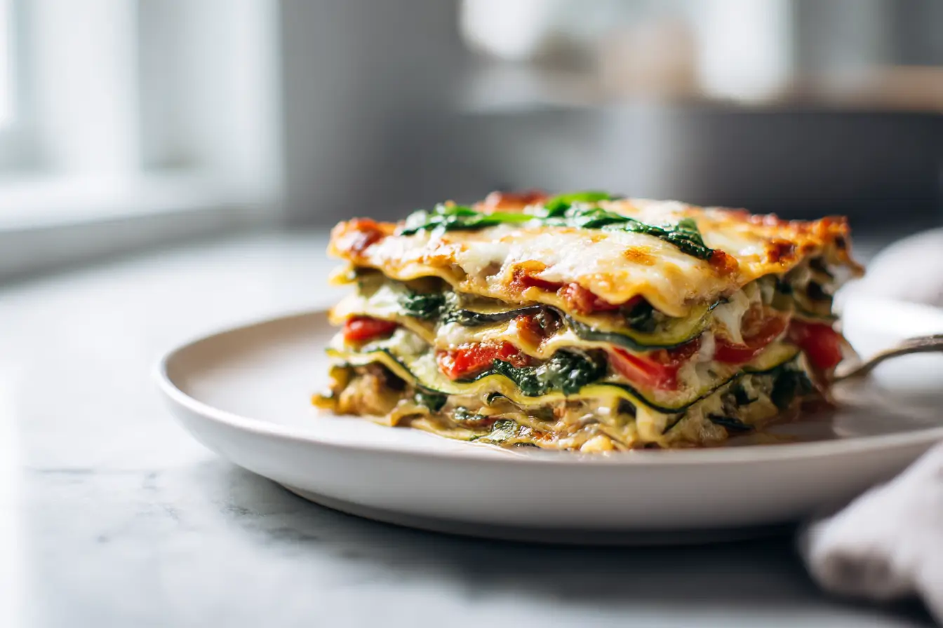 Gemüselasagne zubereitet in der Heißluftfritteuse.