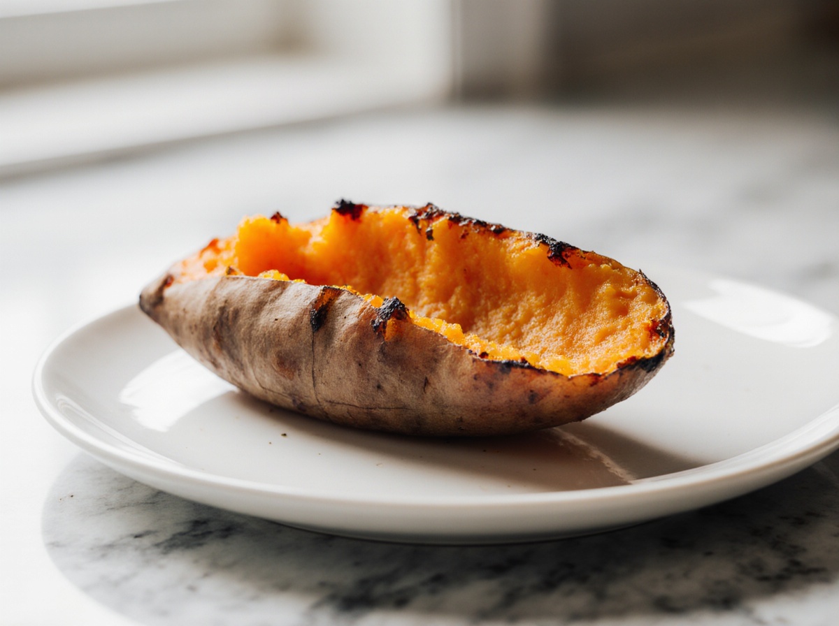 Gepofte Süßkartoffel aus der Heißluftfritteuse für einen gesunden Snack.