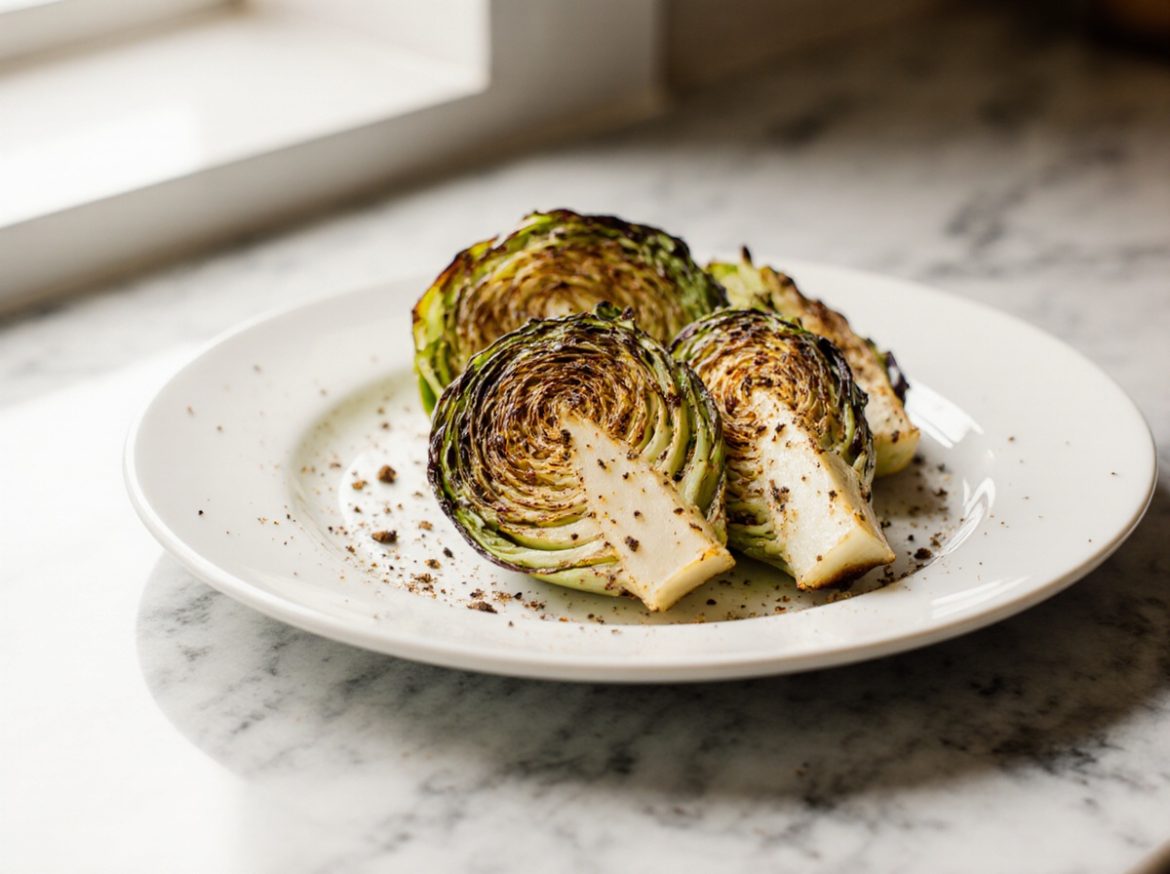 Gerösteter Spitzkohl aus der Heißluftfritteuse auf dem Teller.