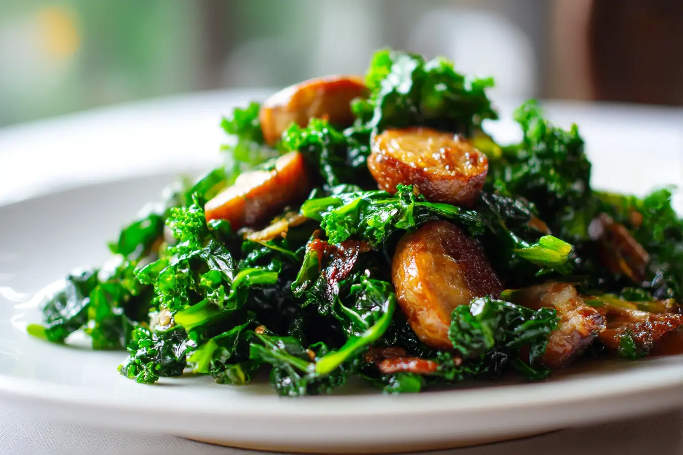 Grünkohl mit Pinkel aus der Heißluftfritteuse auf einem Teller serviert.