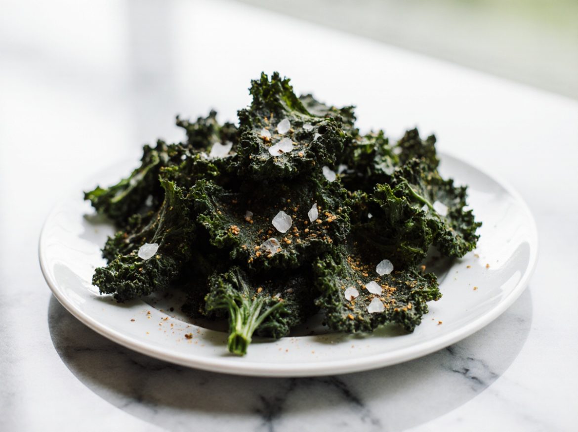 Leckere Grünkohlchips in der Heißluftfritteuse zubereitet.