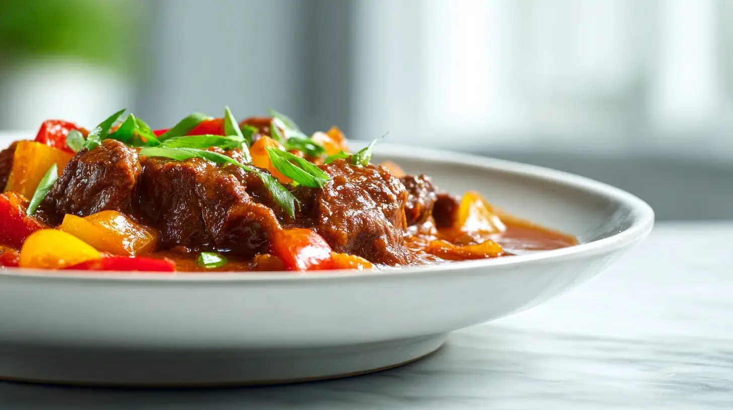 Leckeres Gulasch in der Heißluftfritteuse zubereitet.