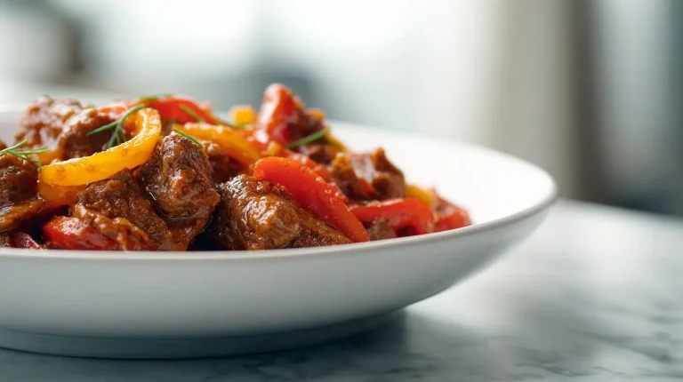 Gulasch in der Heißluftfritteuse zubereitet und lecker serviert.