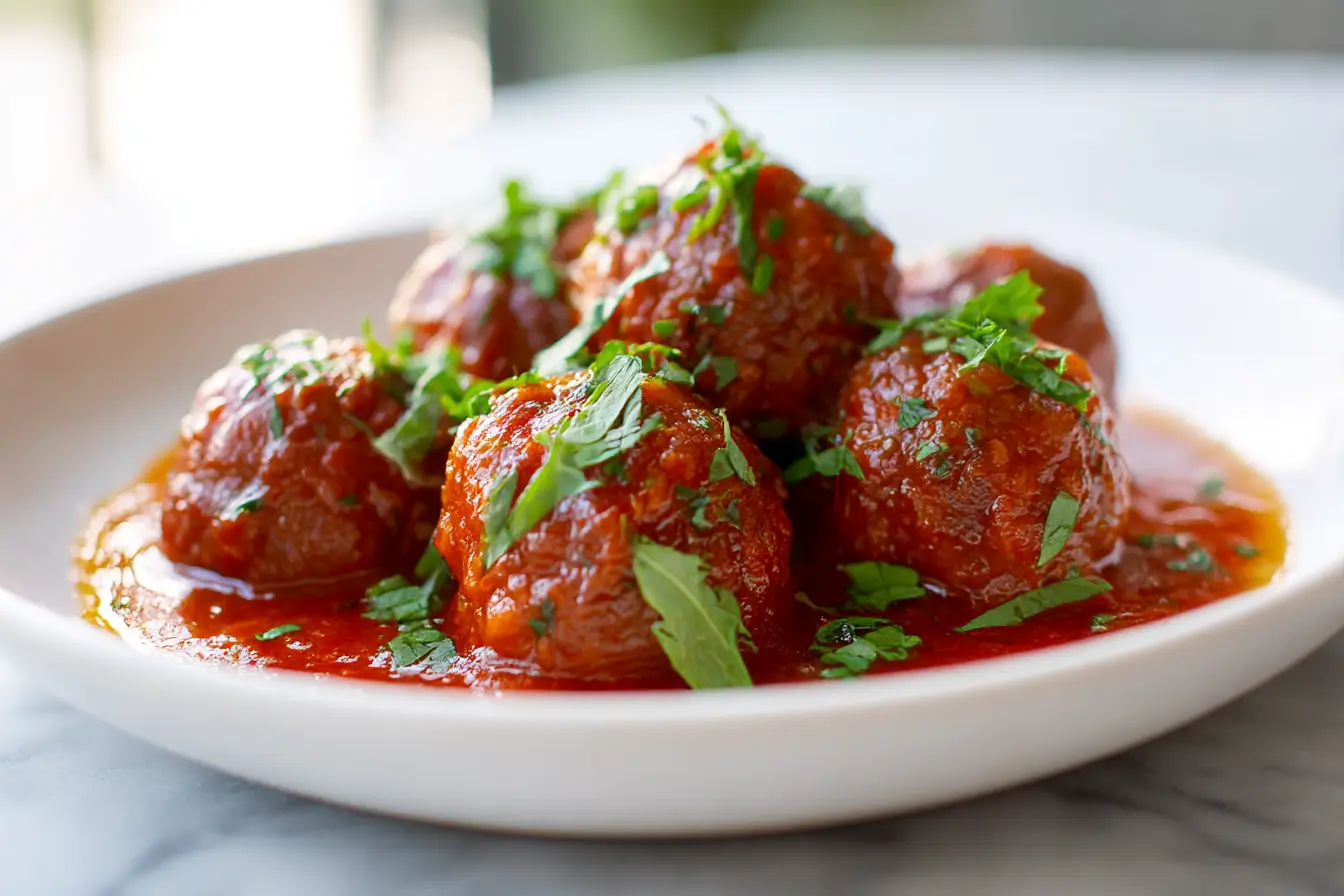 Lecker Hackbällchen in Tomatensoße aus der Heißluftfritteuse zubereitet.