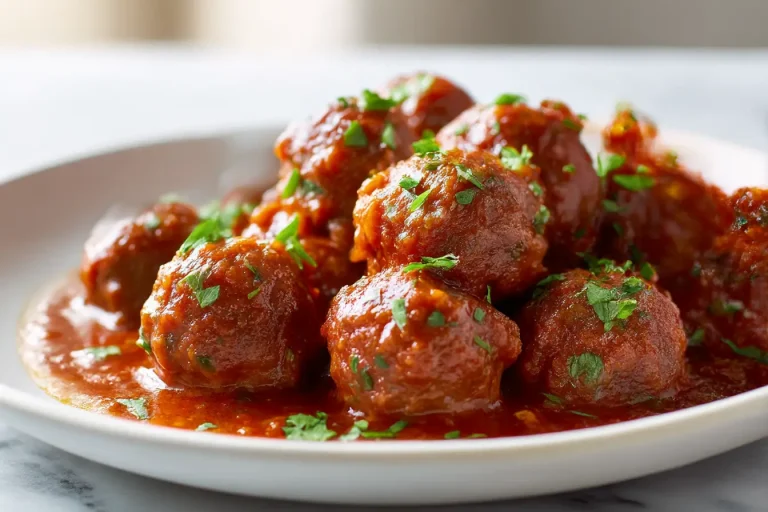 Leckere Hackbällchen in Tomatensoße aus der Heißluftfritteuse zubereitet.
