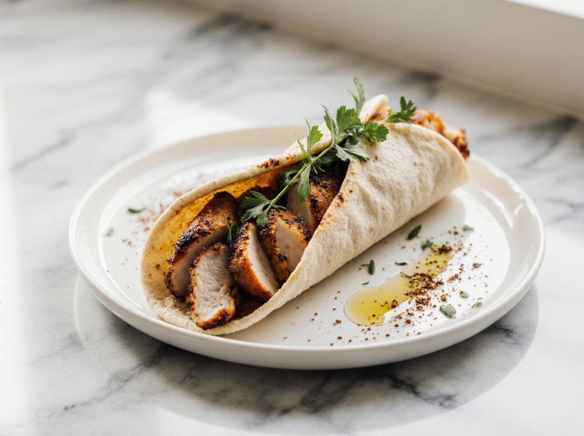 Hähnchen-Gyros aus der Heißluftfritteuse auf einem Teller.