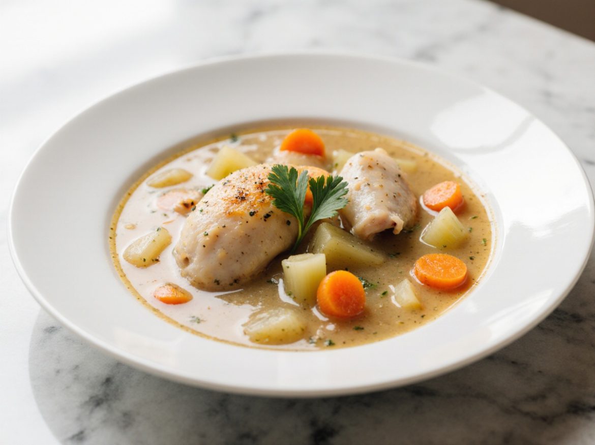 Hausgemachte Hühnersuppe aus der Heißluftfritteuse, ein schnelles und gesundes Gericht.