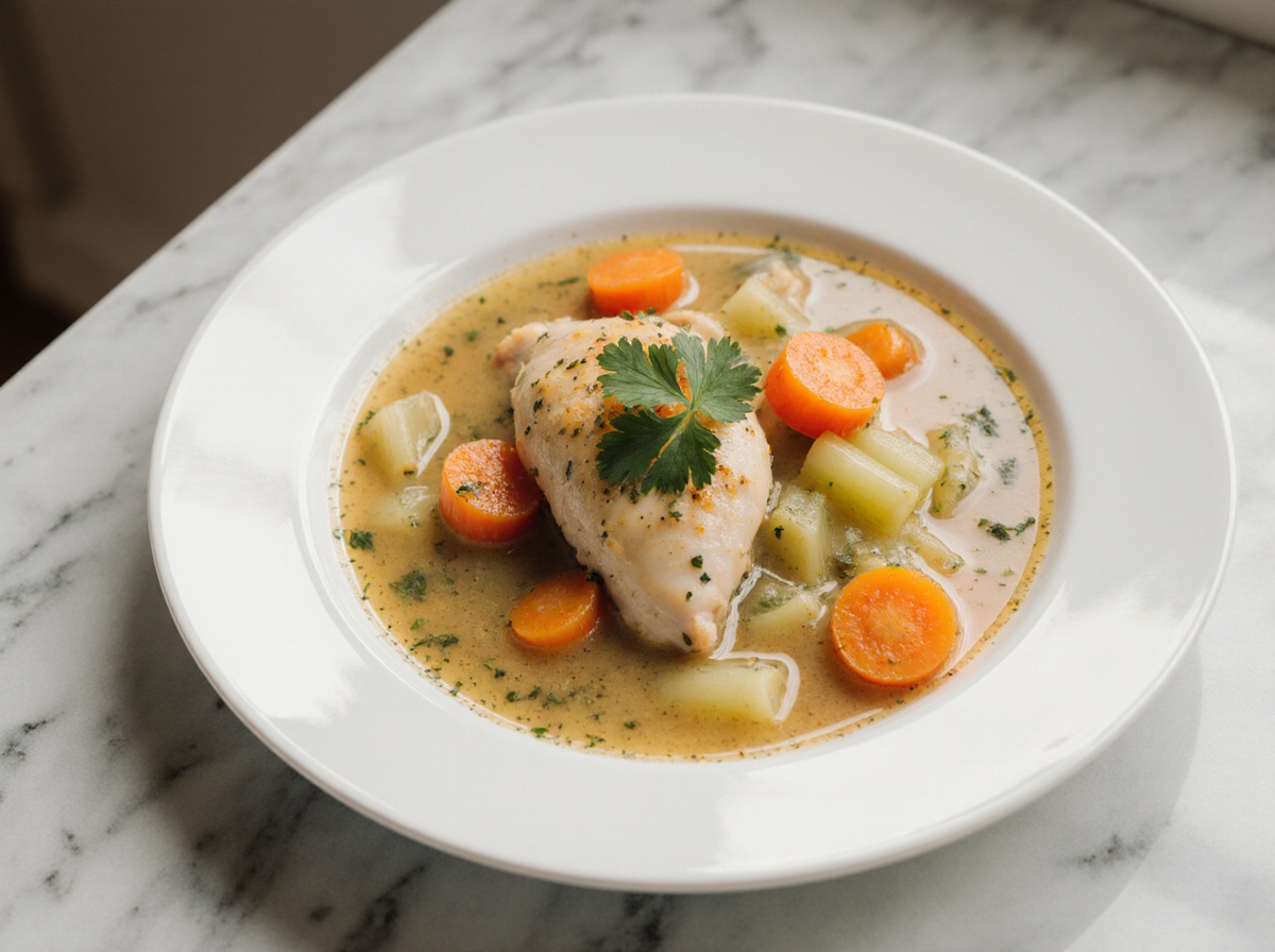Hausgemachte Hühnersuppe aus der Heißluftfritteuse in einer Schüssel serviert.