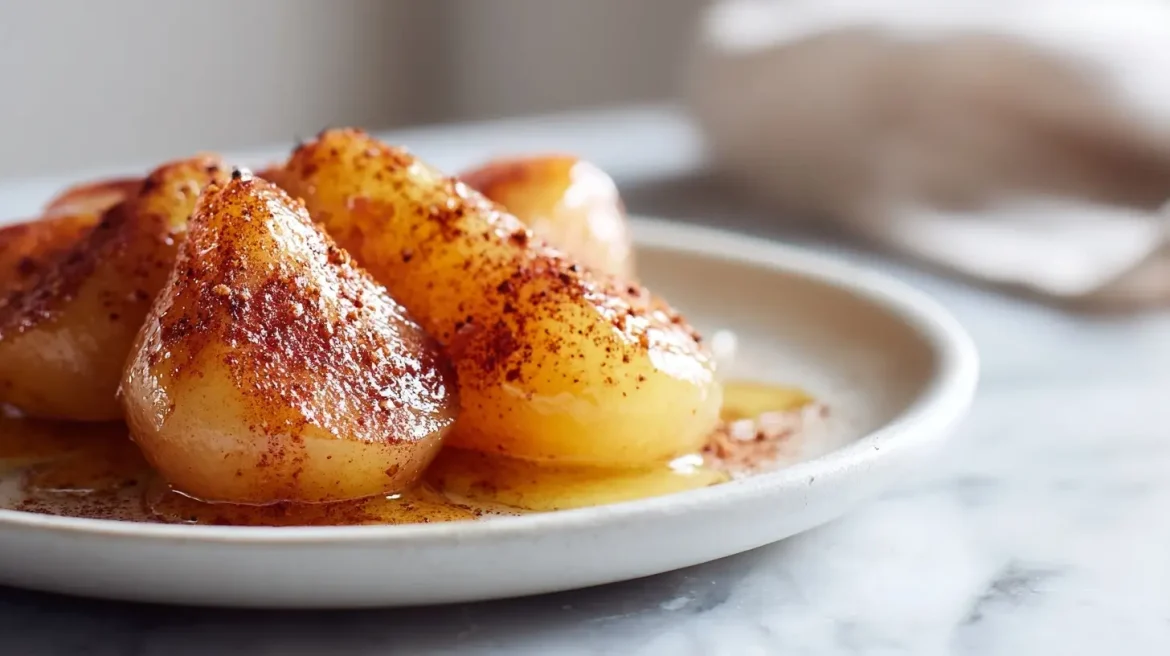 Leckere Birnen mit Zimt und Honig in der Heißluftfritteuse zubereitet.