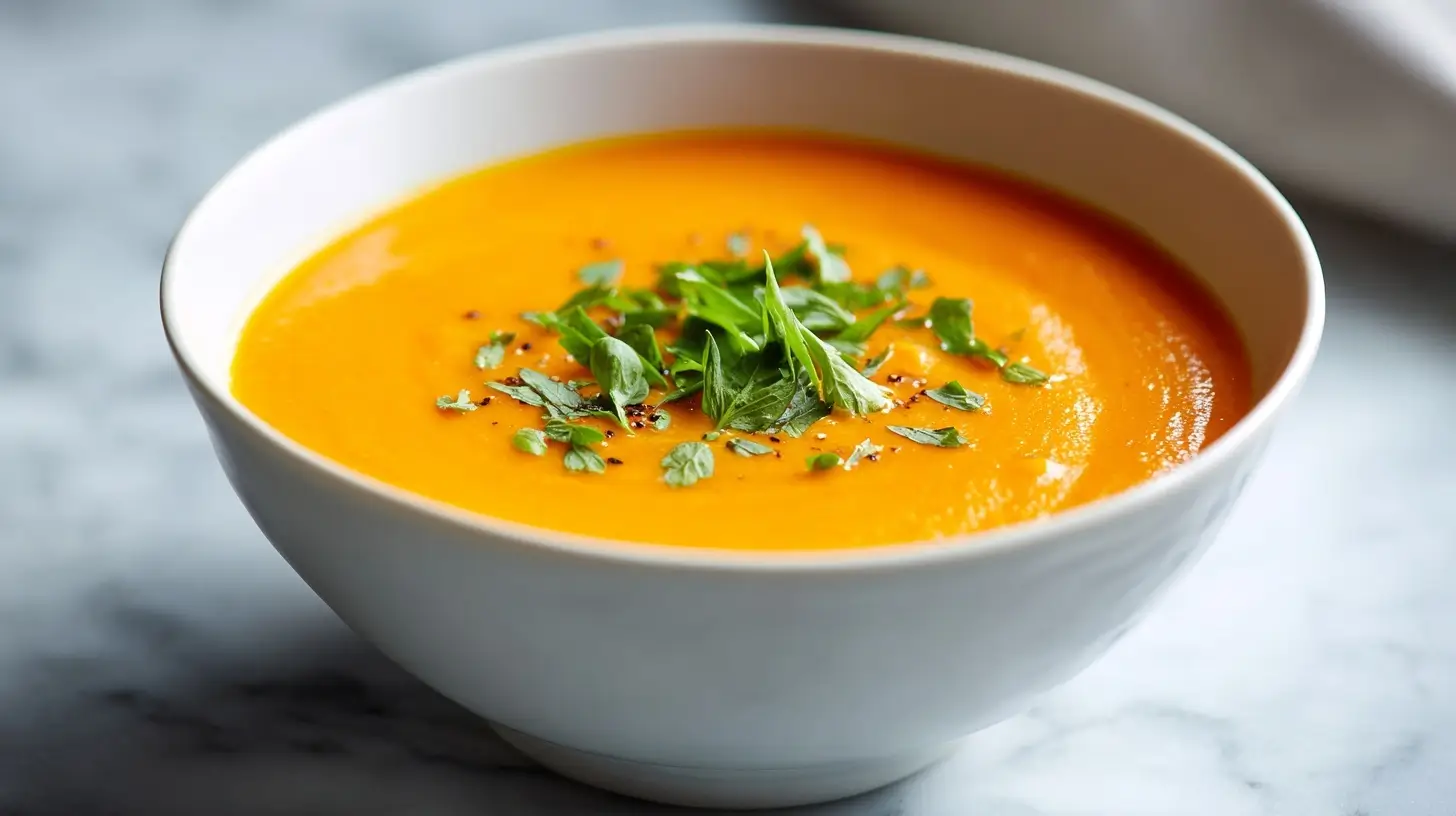 Heißluftfritteuse Karotten-Ingwer-Suppe in einem modernen Teller serviert.