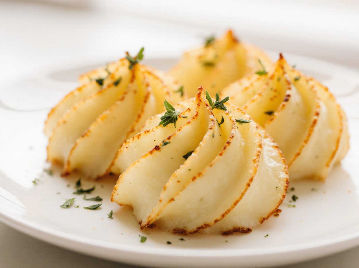 Herzoginkartoffeln in der Heißluftfritteuse auf dem Teller.