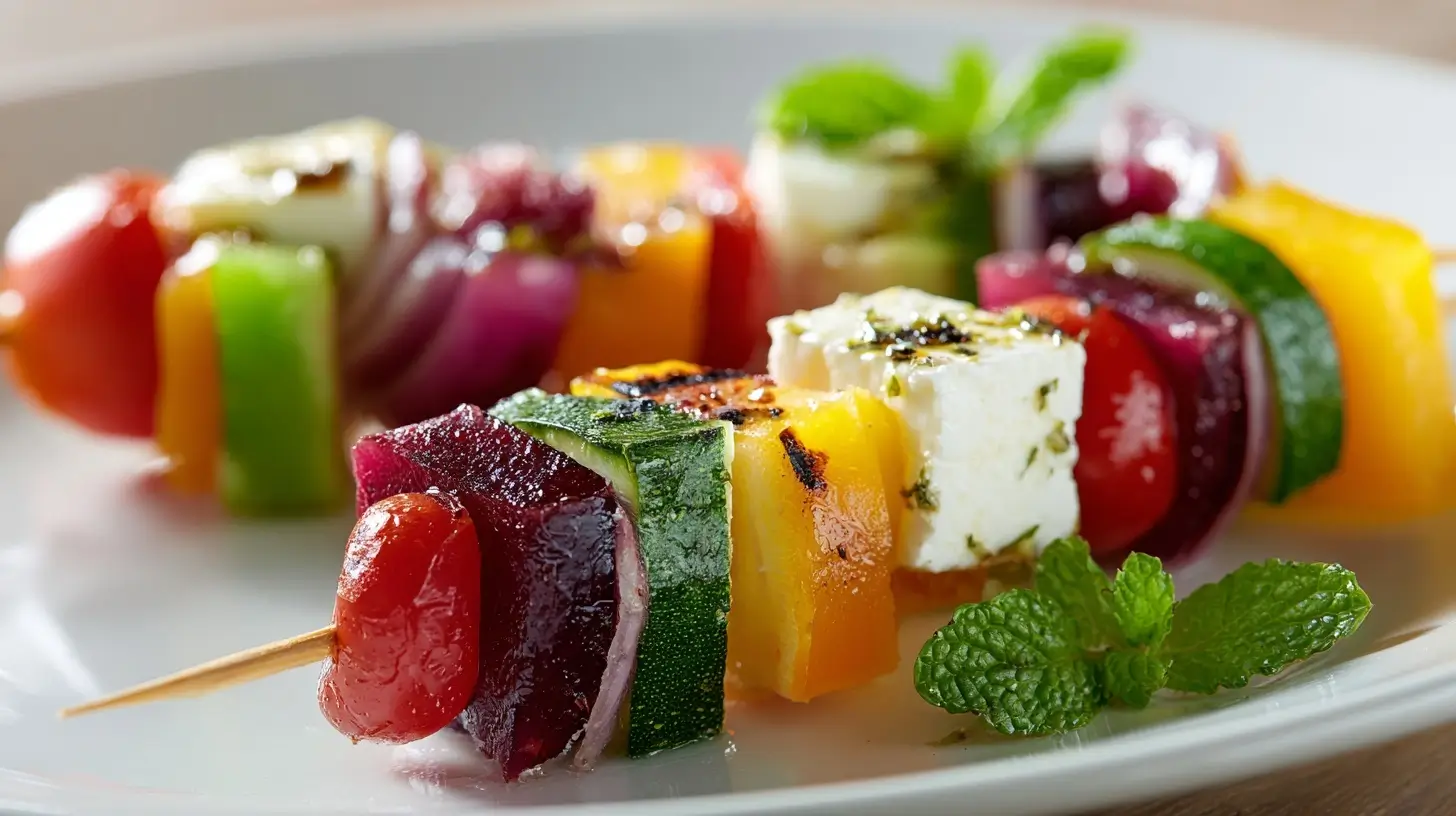 Hirtenkäse-Gemüse-Spieße aus dem Airfryer, köstlich und gesund zubereitet.