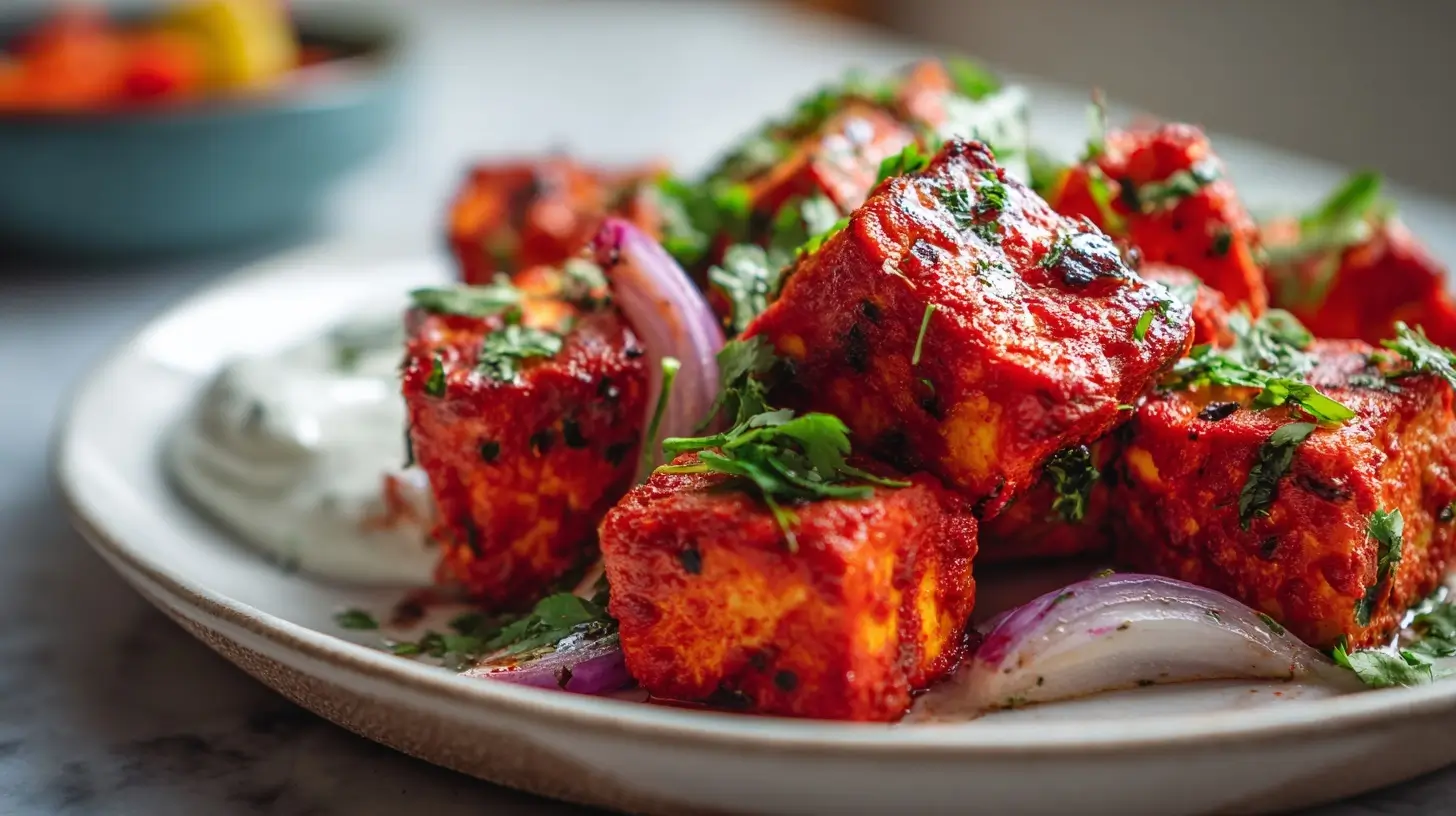 Indisches Tandoori-Paneer in der Heißluftfritteuse zubereitet.