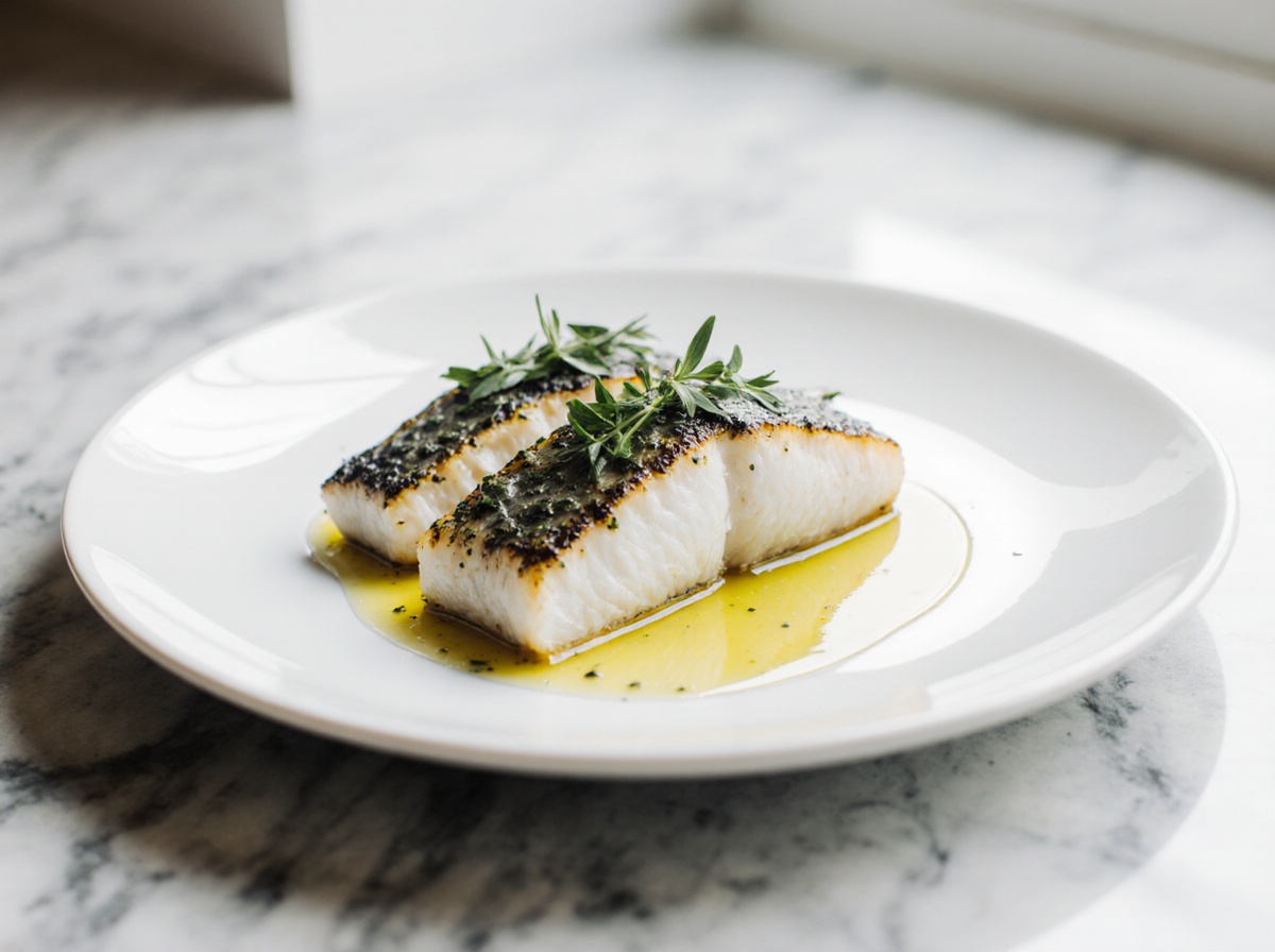 Kabeljau im Airfryer mit Kräutern zubereitet und köstlich angerichtet.