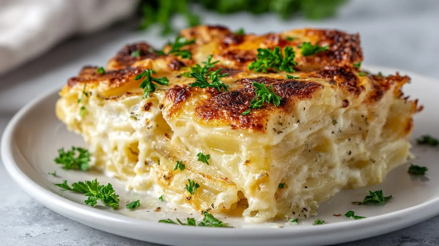 Leckeres Kartoffel-Gratin mit Trüffel, zubereitet in der Heißluftfritteuse.