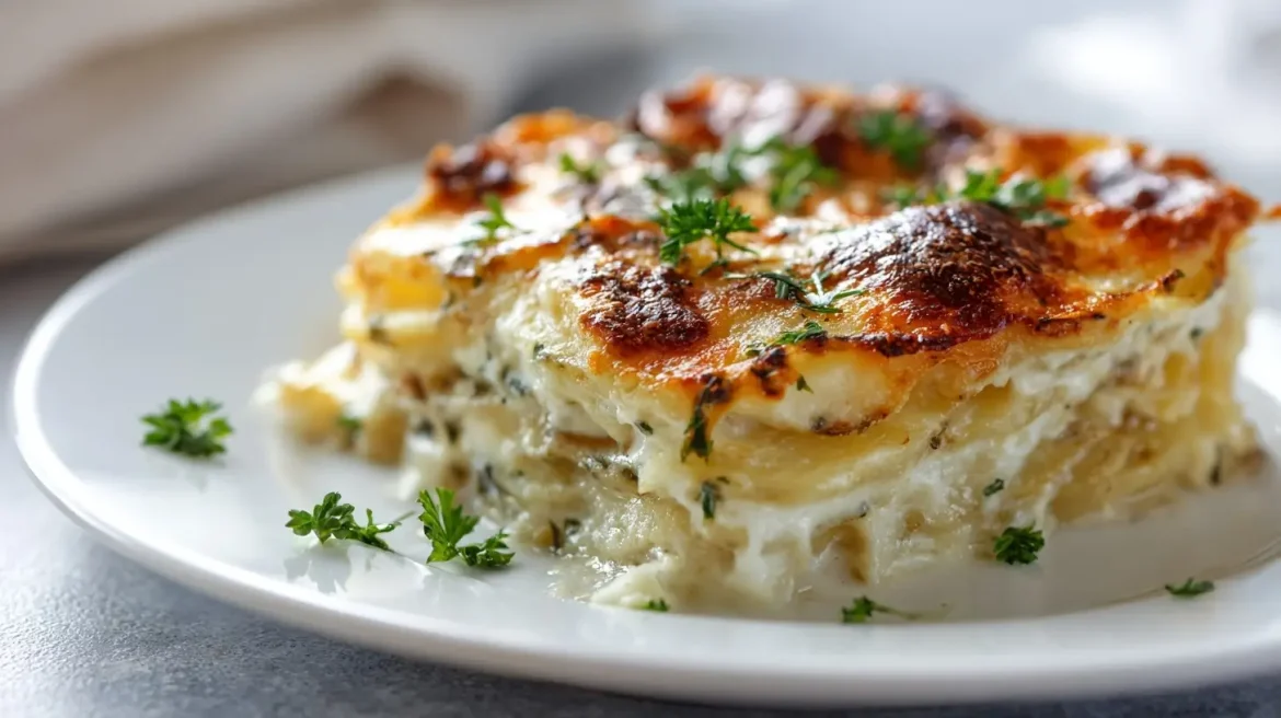 Leckeres Kartoffel-Gratin mit Trüffel im Airfryer zubereitet.
