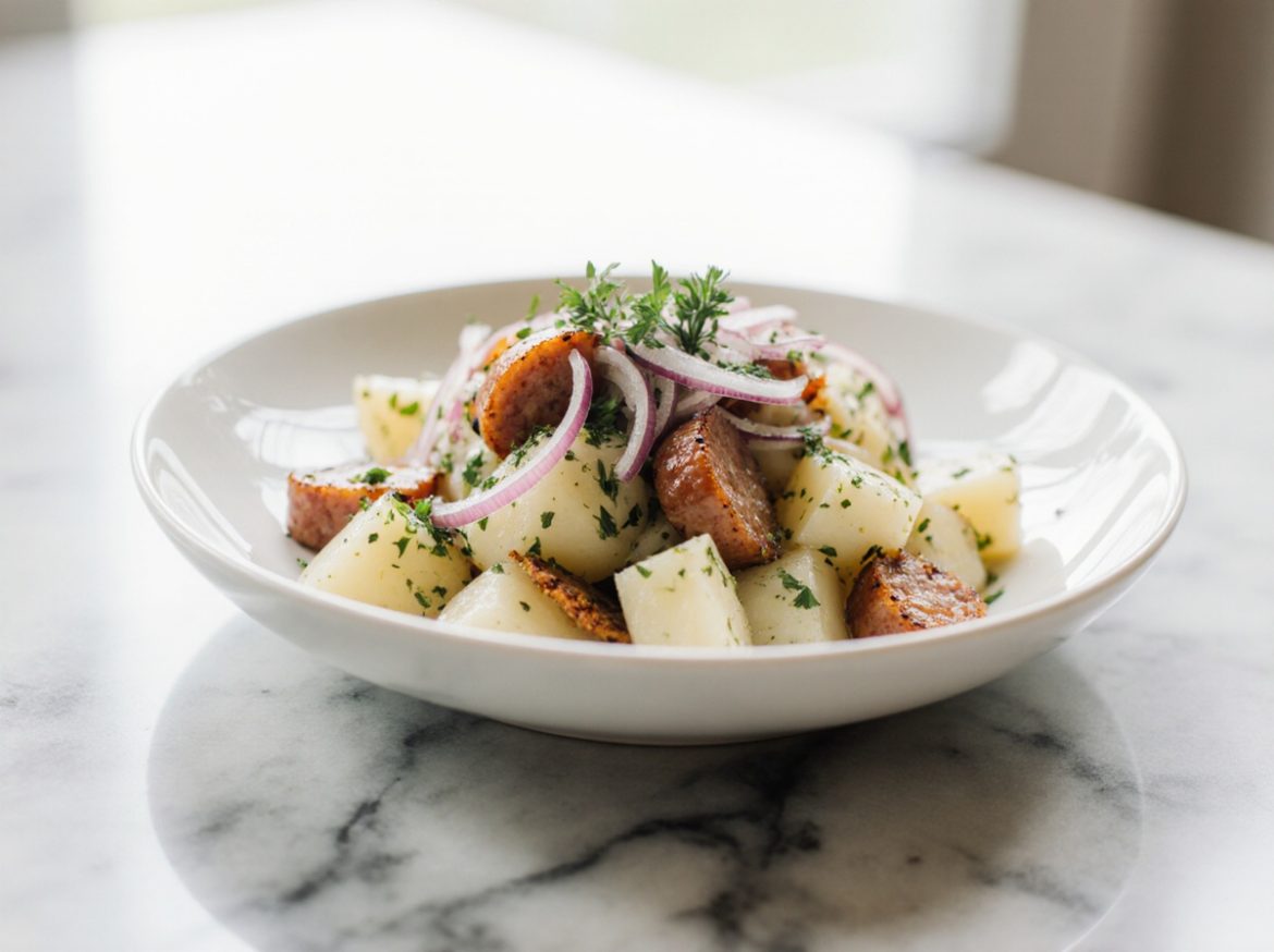 Leckerer Kartoffelsalat mit Würstchen aus dem Airfryer.