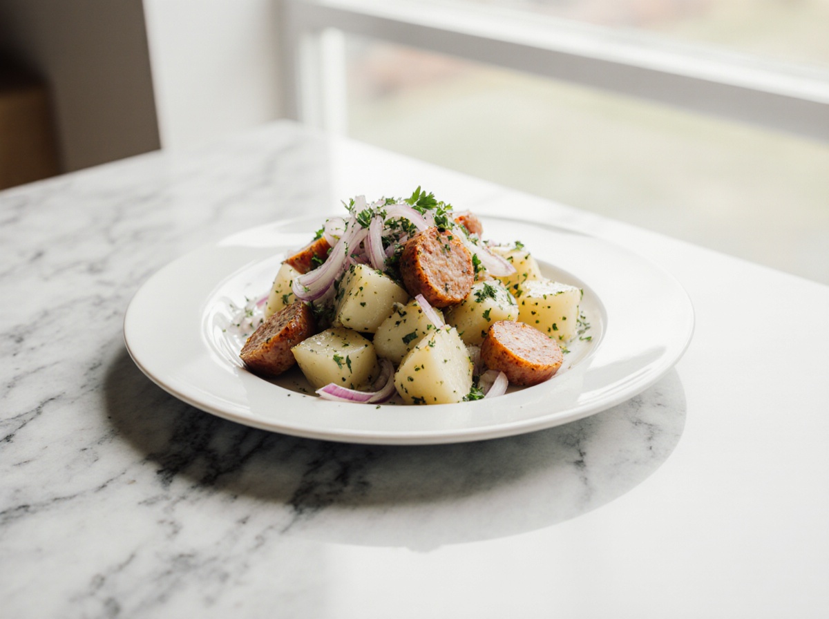 Kartoffelsalat mit Würstchen aus der Heißluftfritteuse, perfekt für jeden Grillabend.