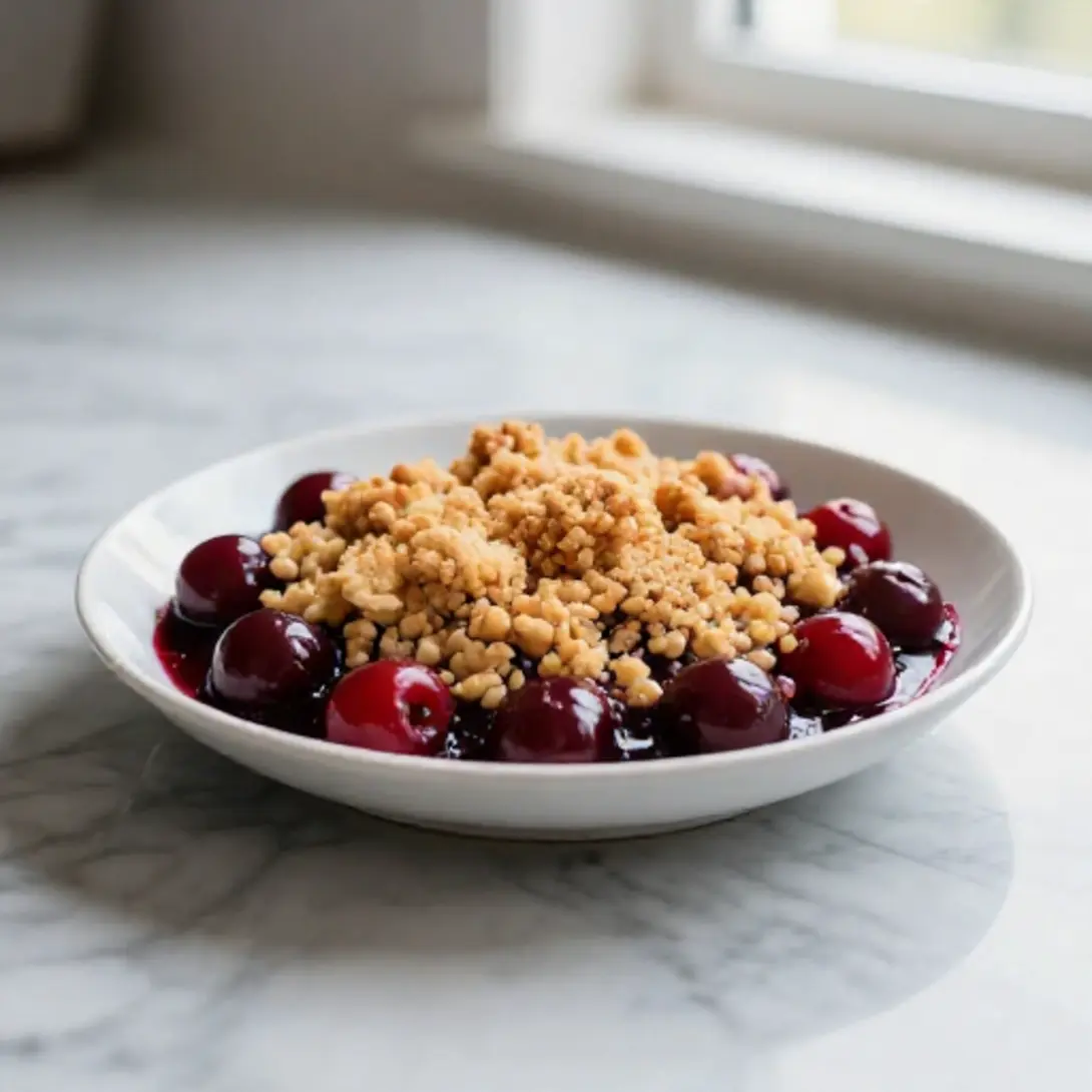 Kirschstreusel im Airfryer frisch aus dem Gerät.