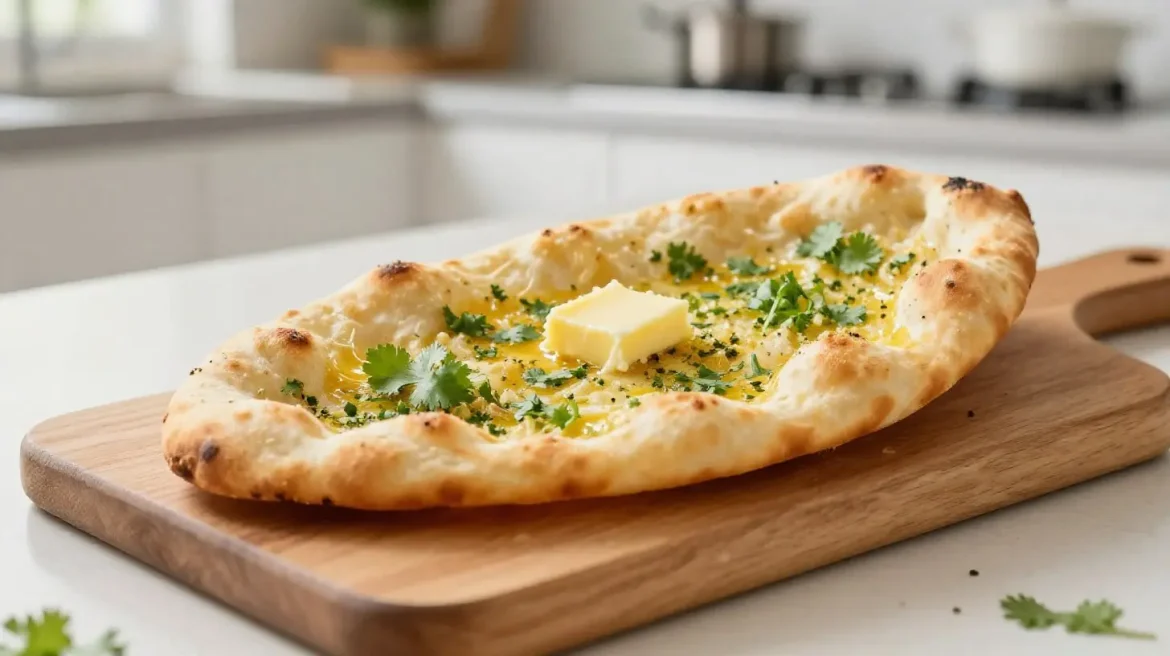 Knoblauch-Naan aus der Heißluftfritteuse Frisches Knoblauch-Naan aus der Heißluftfritteuse mit goldbrauner Kruste.