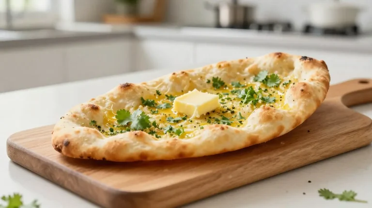 Knoblauch-Naan aus der Heißluftfritteuse Frisches Knoblauch-Naan aus der Heißluftfritteuse mit goldbrauner Kruste.