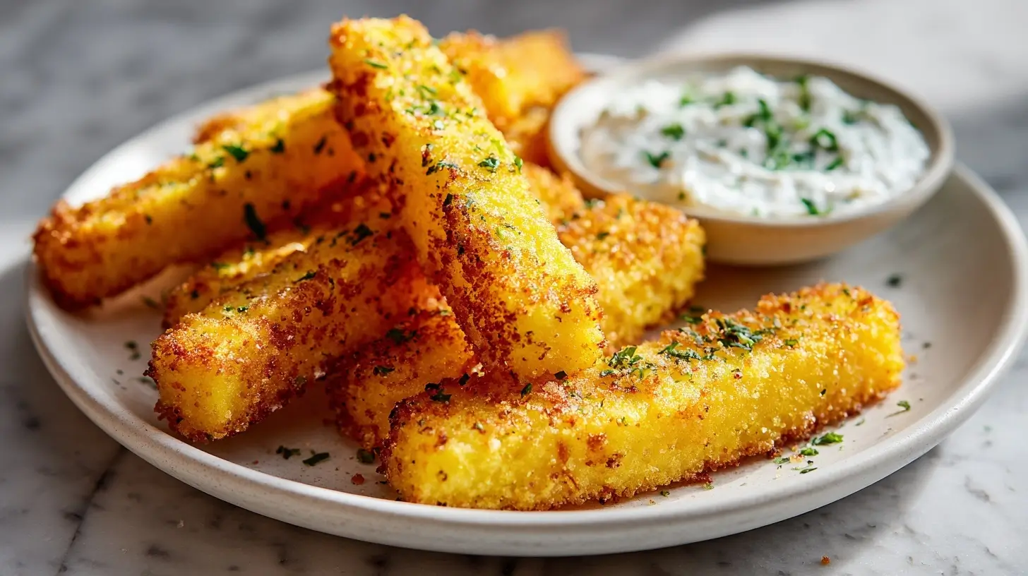Knusprige Polenta-Sticks mit Kräuterquark aus der Heißluftfritteuse.