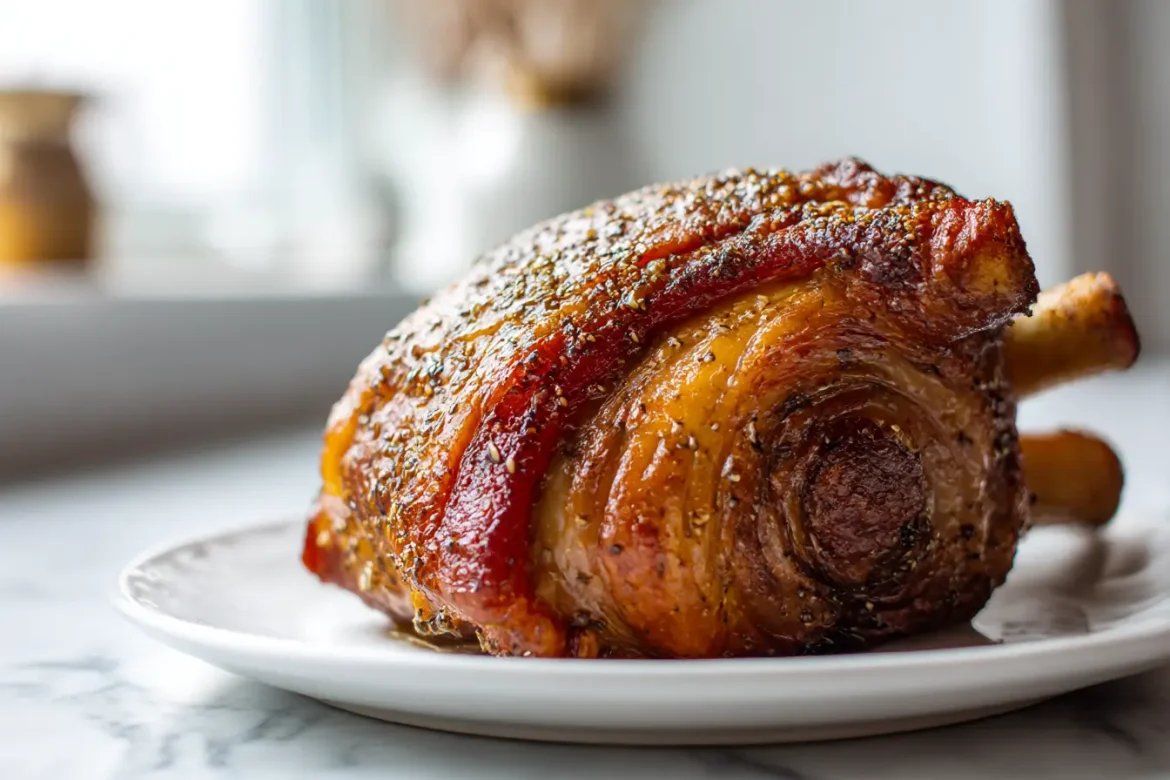 Knusprige Schweinshaxe, zubereitet im Airfryer für perfekten Genuss.