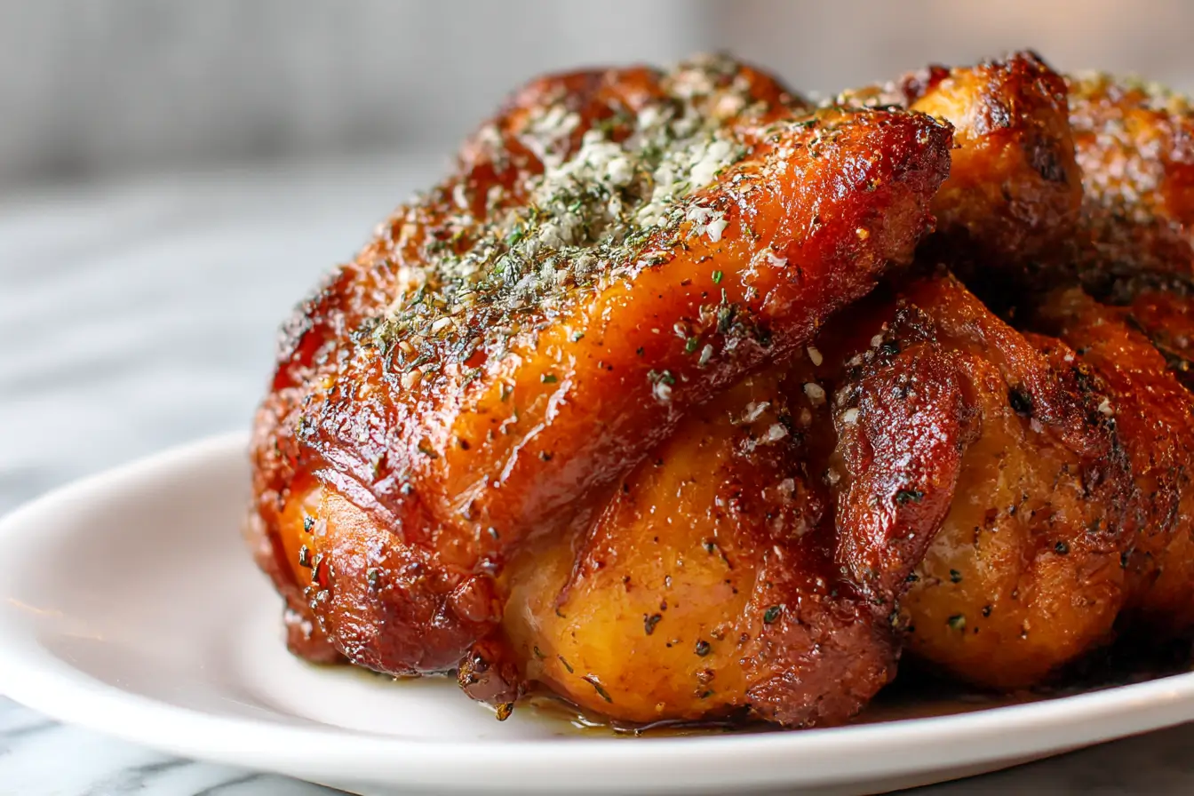 Knusprige Schweinshaxe in der Heißluftfritteuse zubereitet.