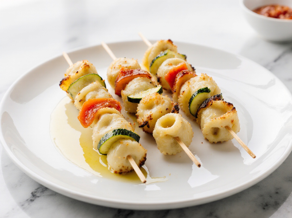 Knusprige Tortellini-Spieße aus der Heißluftfritteuse für einen leckeren Snack.