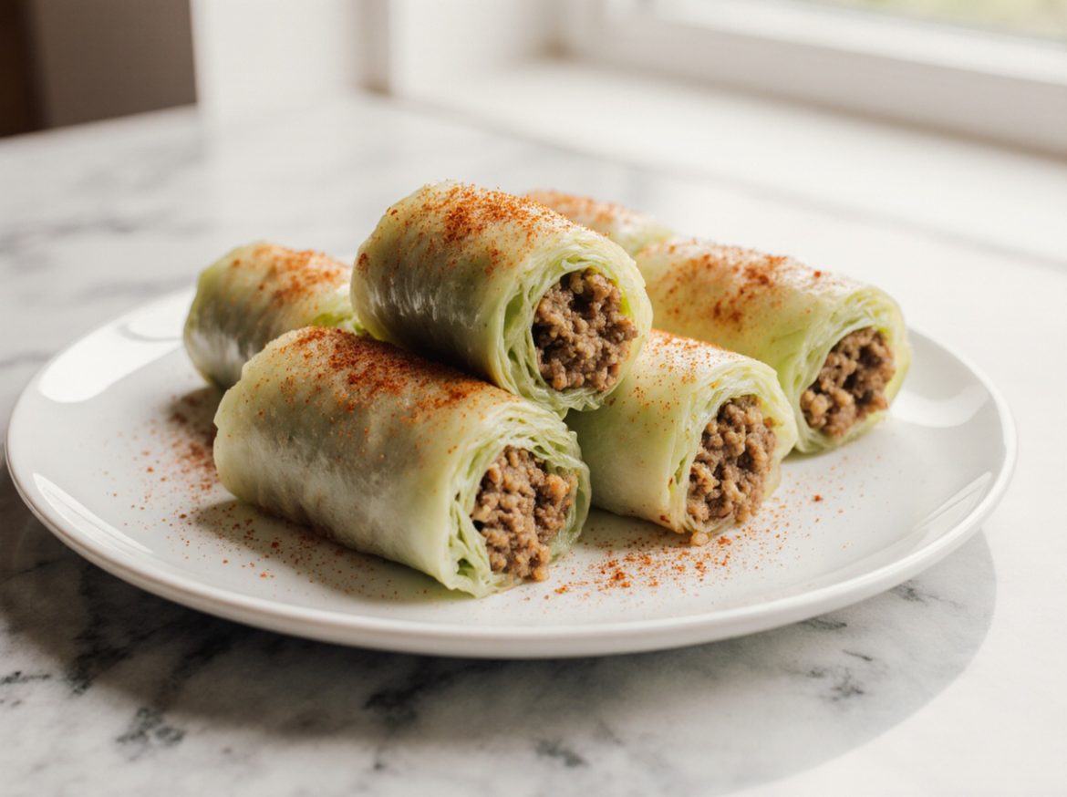 Leckere Kohlrouladen aus der Heißluftfritteuse auf einem Teller.